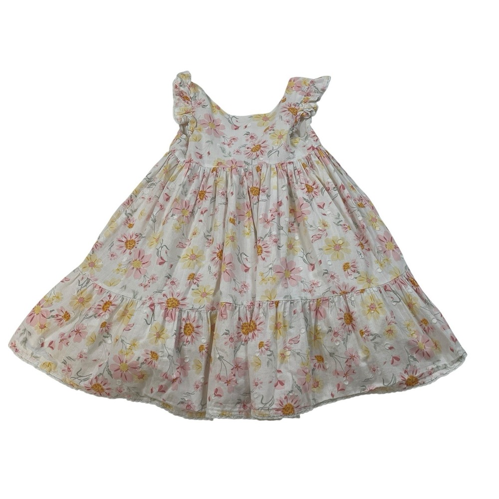 Shabby Chic Girls Floral Tiered Dress 5T Pink Yellow Cottagecore Ruffle Bow